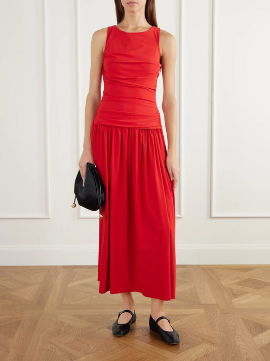 Image of Dresses. Product name - Ruched Pleated Stretch-jersey Midi Dress in Red colour by brand - La Ligne