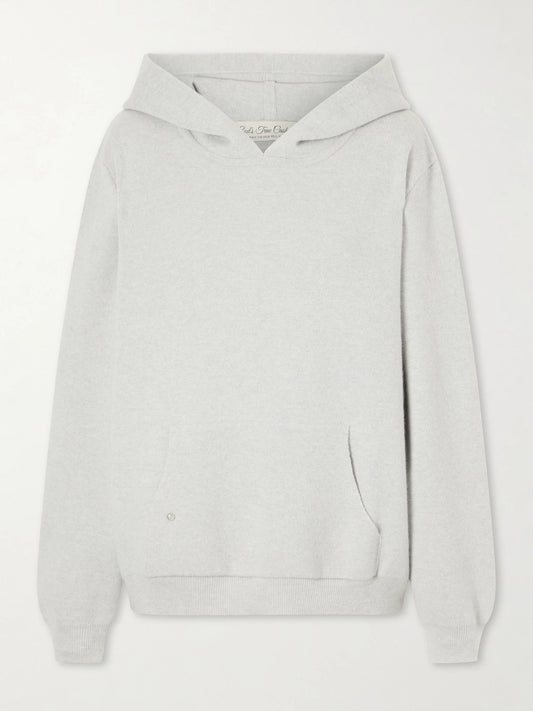 Image of a model wearing Outerwear. Product name - Cashmere Hoodie in Light gray colour by brand - God's True Cashmere
