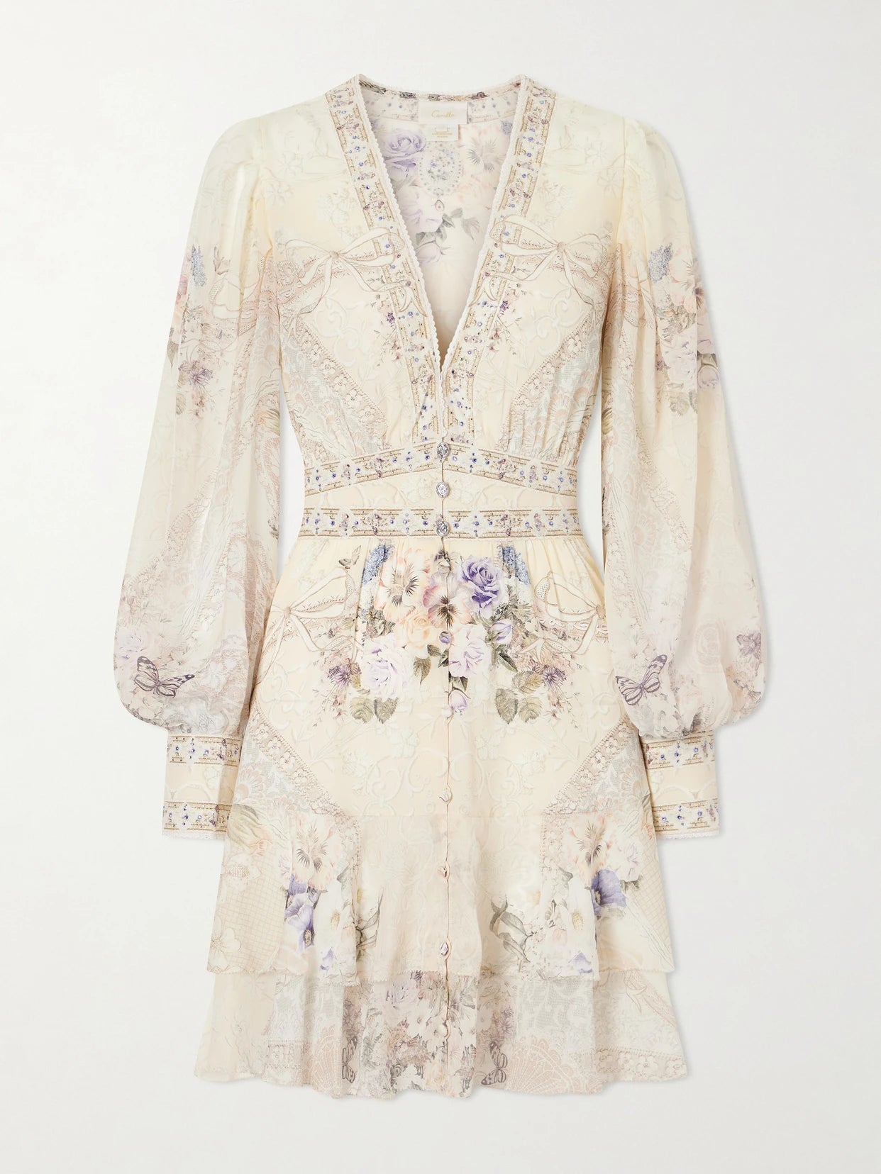 Printed Embellished Silk-chiffon Midi Dress