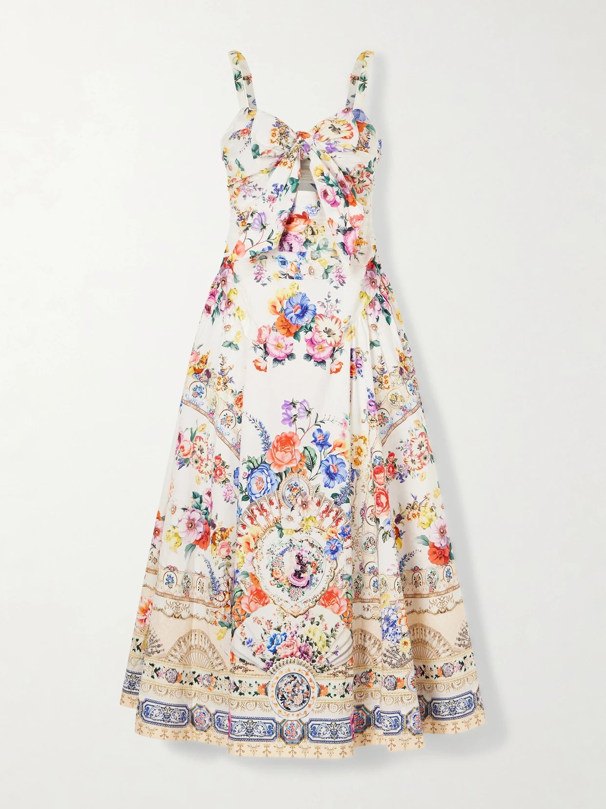 Image of Dresses. Product name - Ballerina Tie-detailed Cutout Ruched Floral-print Cotton-blend Midi Dress in Multi colour by brand - Camilla