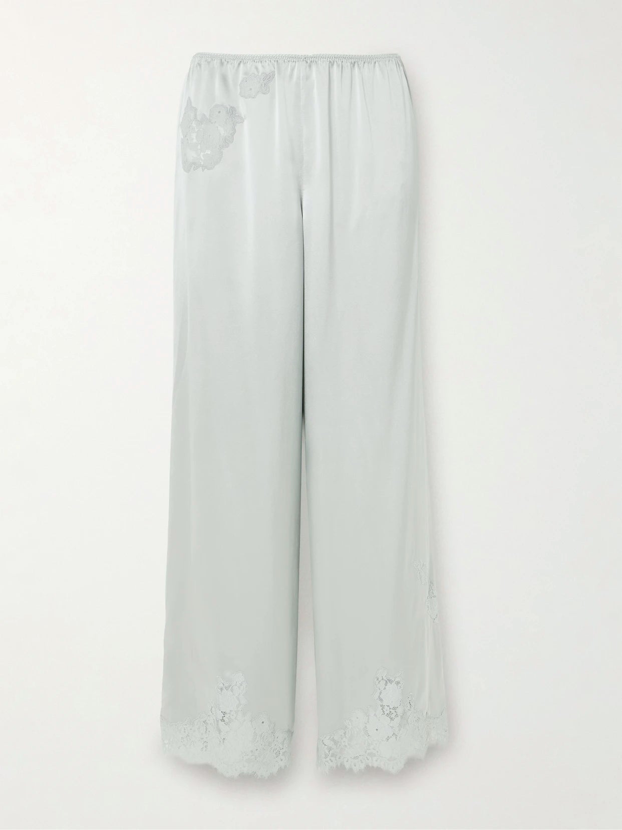 Image of a model wearing Pants. Product name - Lavon Lace-trimmed Silk-satin Wide-leg Pants in Blue colour by brand - DÔEN