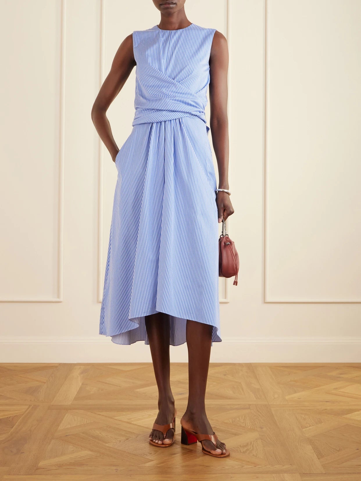 Image of Dresses. Product name - Penny Striped Gathered Cotton Midi Dress in Light blue colour by brand - Altuzarra