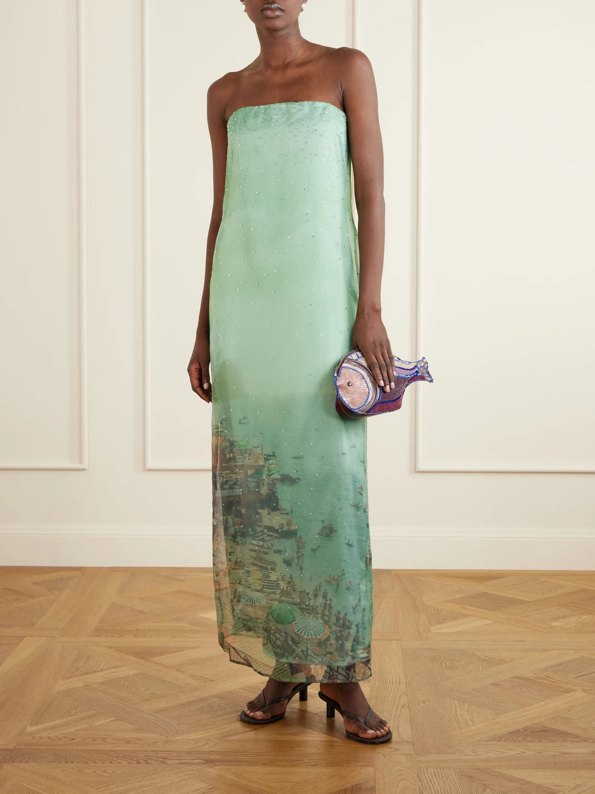 Image of Dresses. Product name - Amara Strapless Printed Organza Maxi Dress in Turquoise colour by brand - STAUD