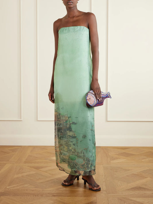 Image of Dresses. Product name - Amara Strapless Printed Organza Maxi Dress in Turquoise colour by brand - STAUD