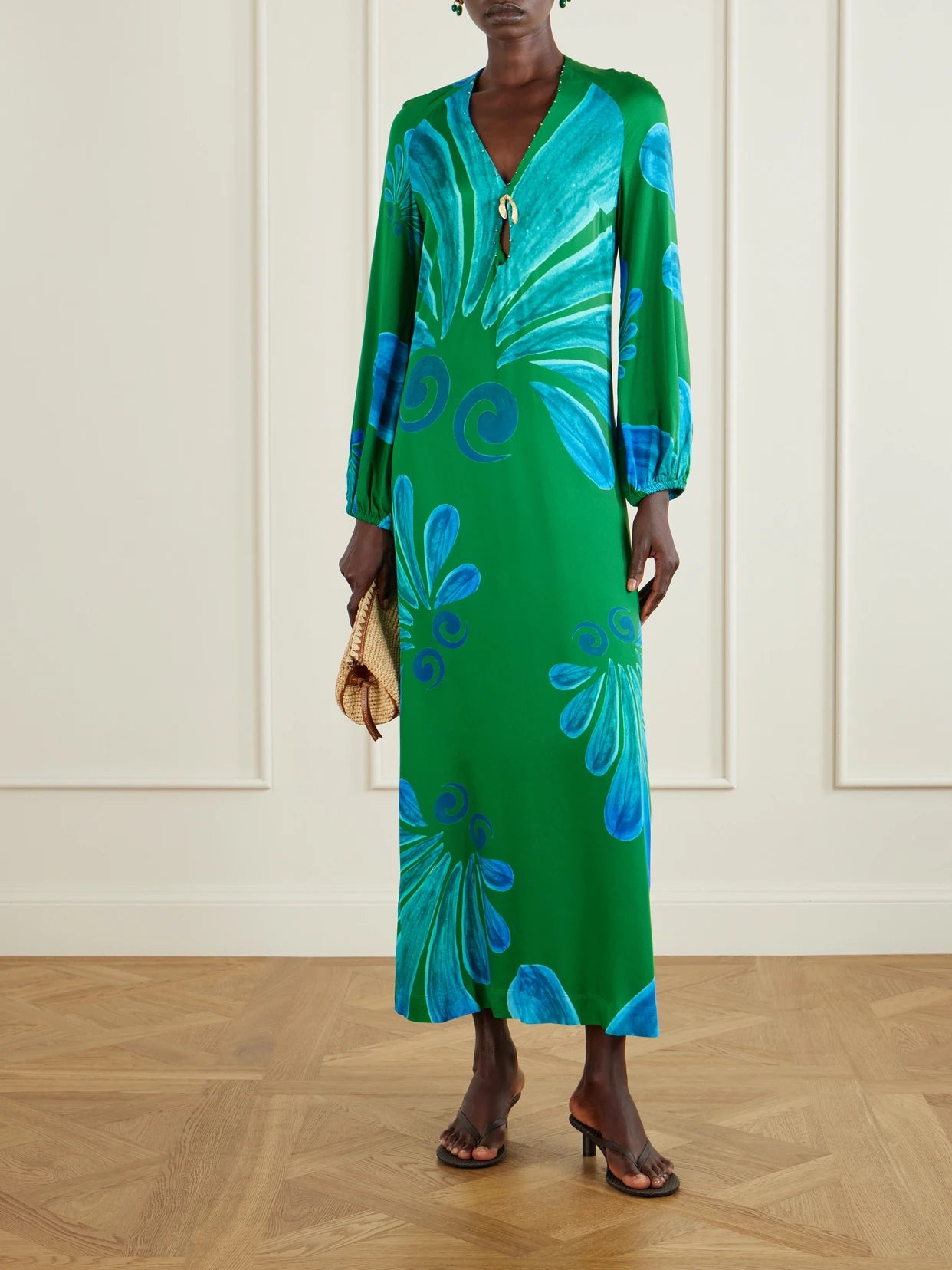Image of Dresses. Product name - Alcmene Embellished Printed Crepe Maxi Dress in Green colour by brand - Themis Z