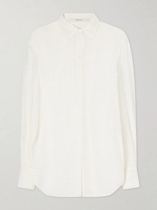 Image of a model wearing Tops. Product name - Gingham Point D'esprit Blouse in Off-white colour by brand - Another Tomorrow