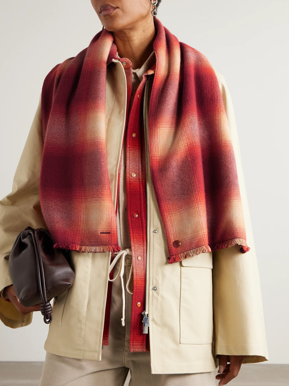 Image of Scarves & Shawls. Product name - Fringed Checked Cashmere Scarf in Red colour by brand - God's True Cashmere