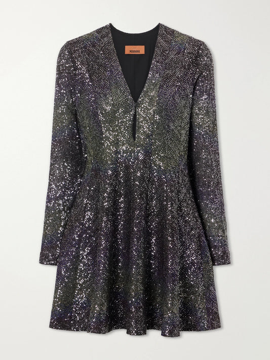 Image of Dresses. Product name - Striped Metallic Crochet-knit Mini Dress in Black colour by brand - Missoni