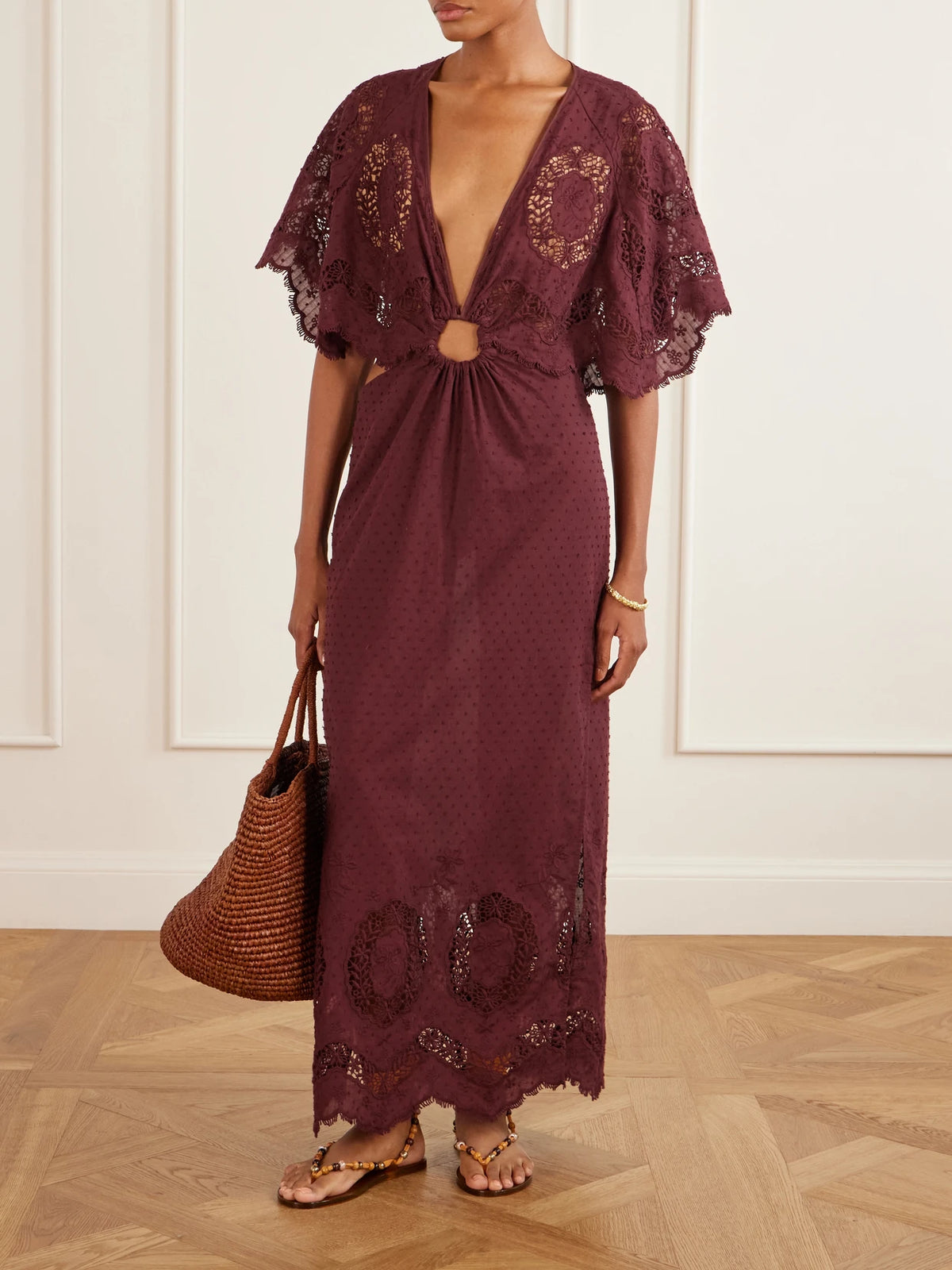 Image of Sandals. Product name - Esther Bead-embellished Jelly Thong Sandals in Tan colour by brand - Ancient Greek Sandals