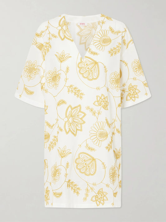 Image of Dresses. Product name - Levia Embroidered Cotton-blend Mini Dress in Yellow colour by brand - Eres