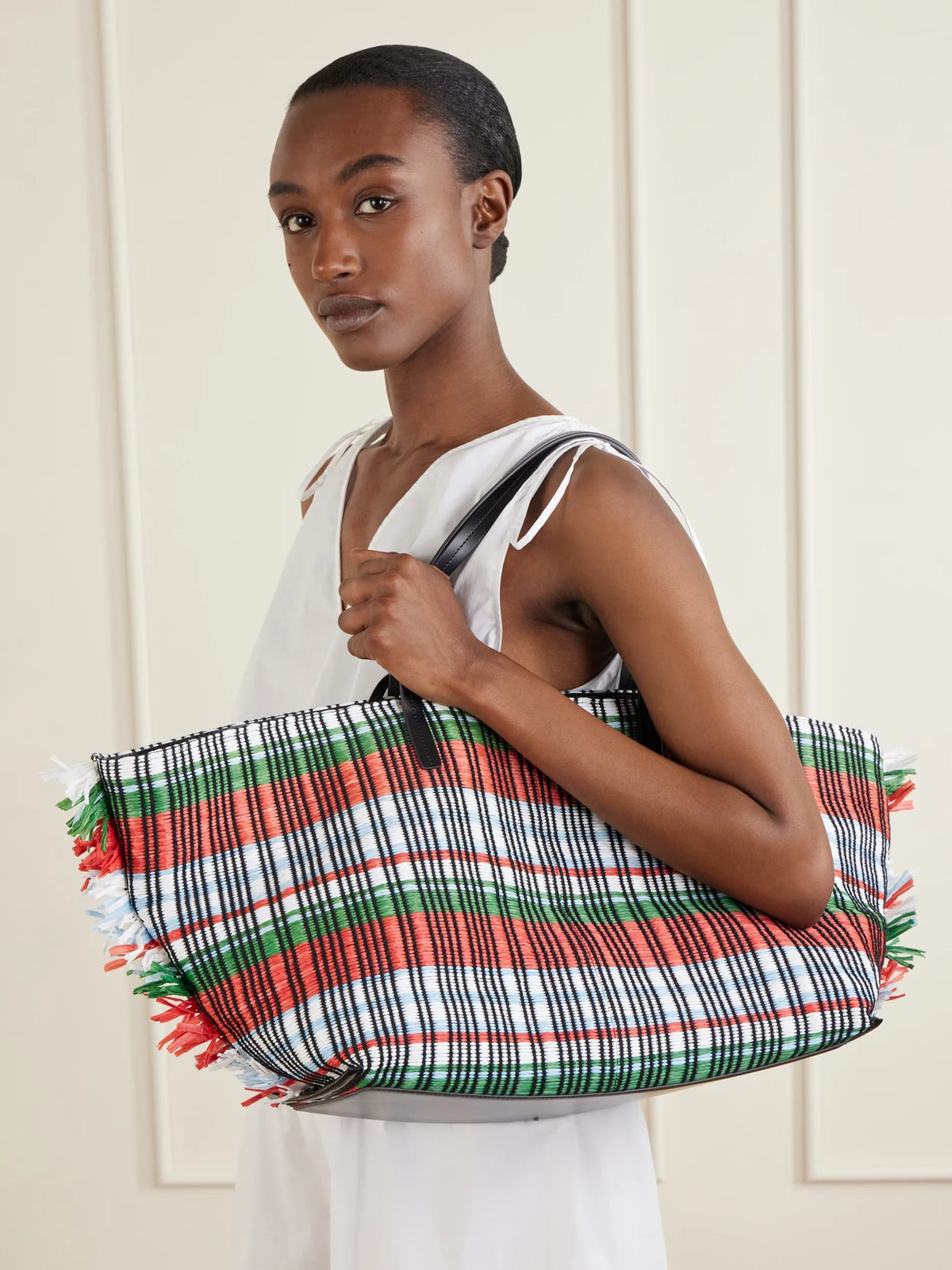 Image of Bags. Product name - + Da Adolfo Christos Raffia Checked Fringed Tote in Red colour by brand - STAUD