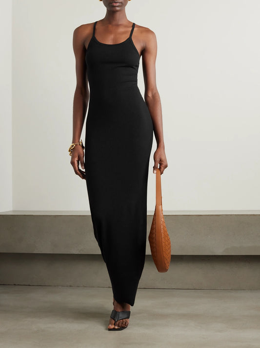 Image of Dresses. Product name - Tank Ribbed Stretch-jersey Maxi Dress in Black colour by brand - ÉTERNE