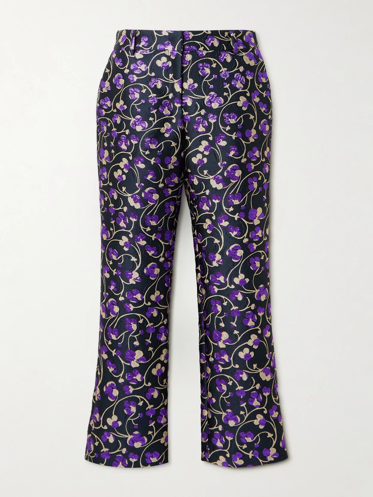 Image of a model wearing Pants. Product name - 24/7 Floral-brocade Straight-leg Pants in Purple colour by brand - La DoubleJ