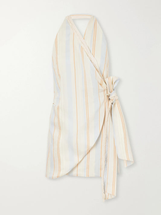 SIR. Pernille Frayed Striped Woven Wrap Halterneck Mini Dress