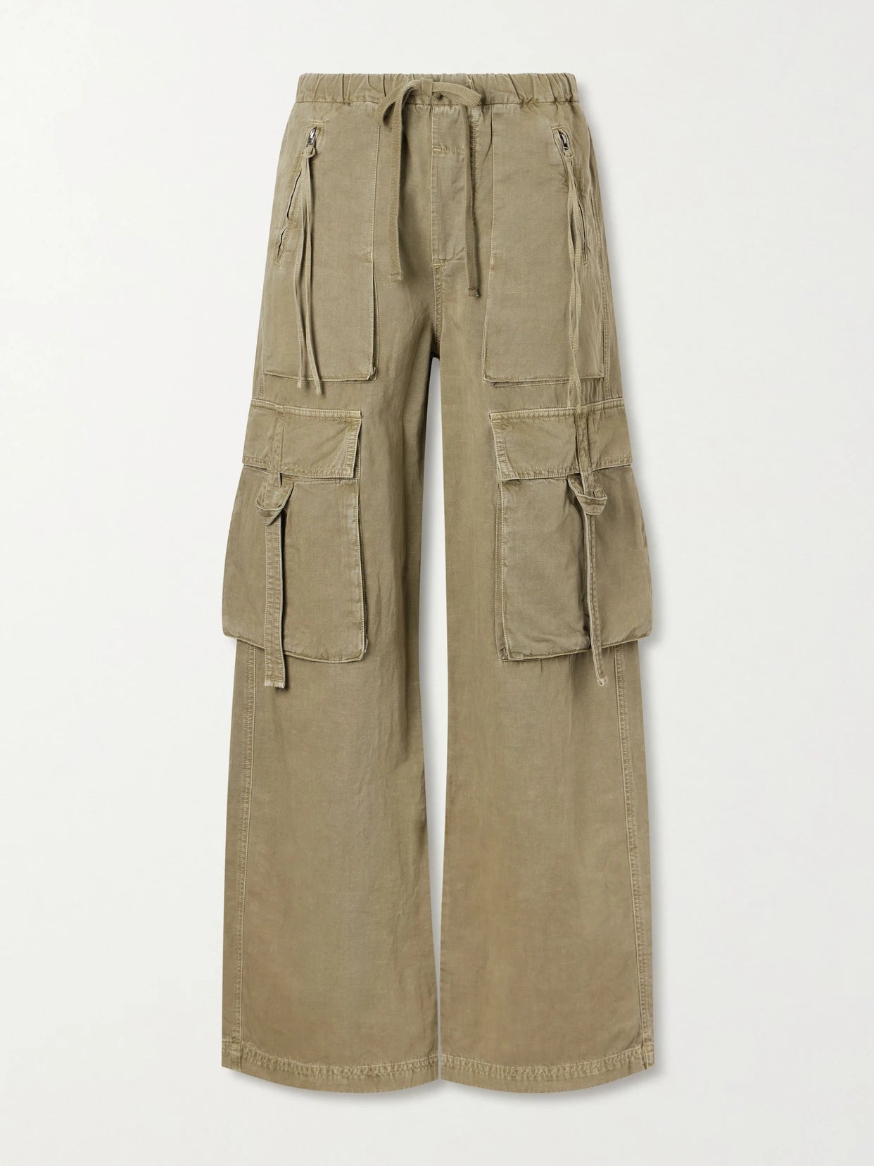 Image of a model wearing Pants. Product name - Andira Cotton And Linen Wide-leg Cargo Pants in Army green colour by brand - Citizens of Humanity