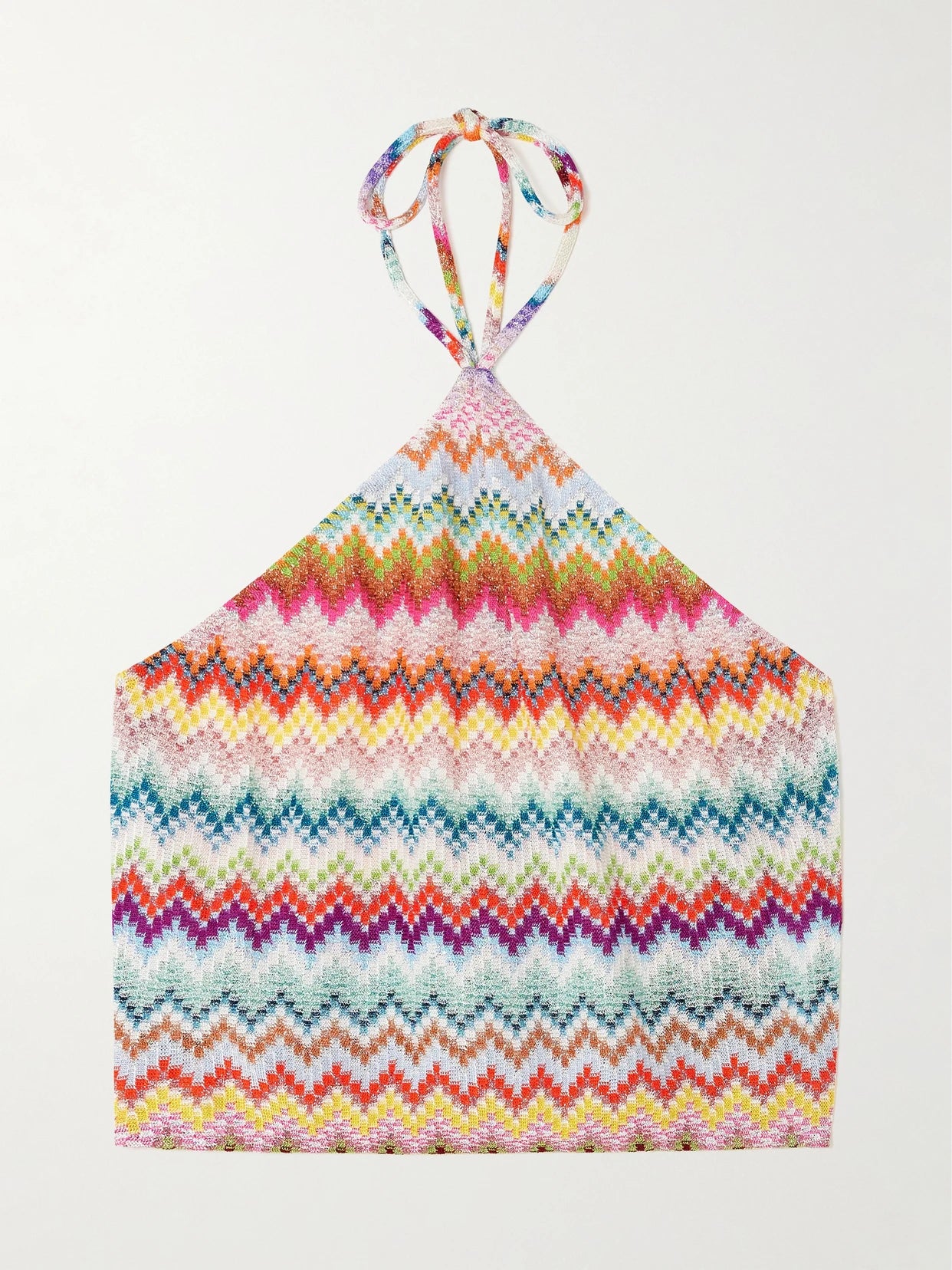 Image of a model wearing Tops. Product name - Mare Cropped Striped Metallic Crochet-knit Halterneck Top in Multi colour by brand - Missoni