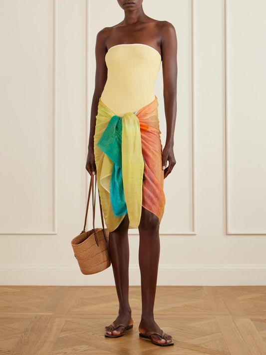 Image of Swimwear. Product name - Formentera Fringed Printed Cotton-blend Pareo in Yellow colour by brand - Donde Esteban