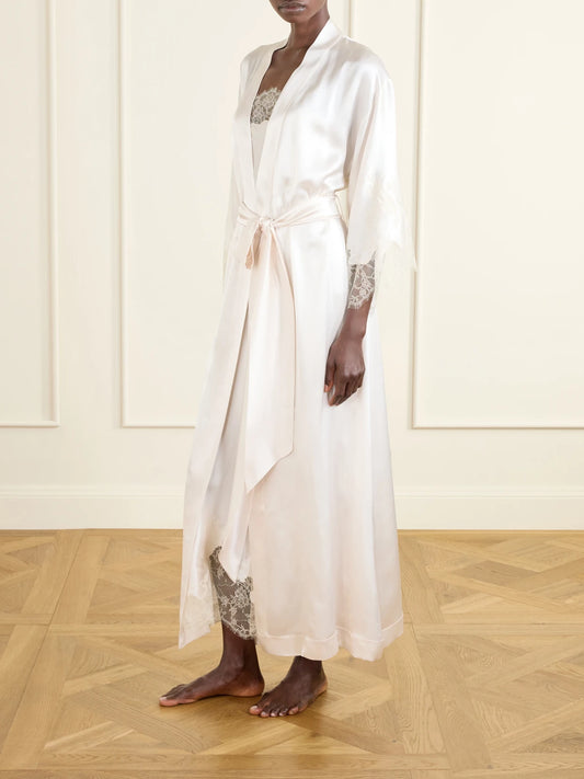 Image of Lingerie. Product name - Belted Lace-trimmed Silk-satin Robe in Ivory colour by brand - Carine Gilson