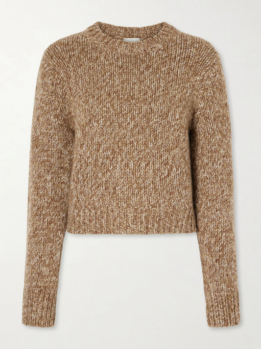 Image of a model wearing Outerwear. Product name - Pathayi Organic Cashmere Sweater in Camel colour by brand - Le Kasha