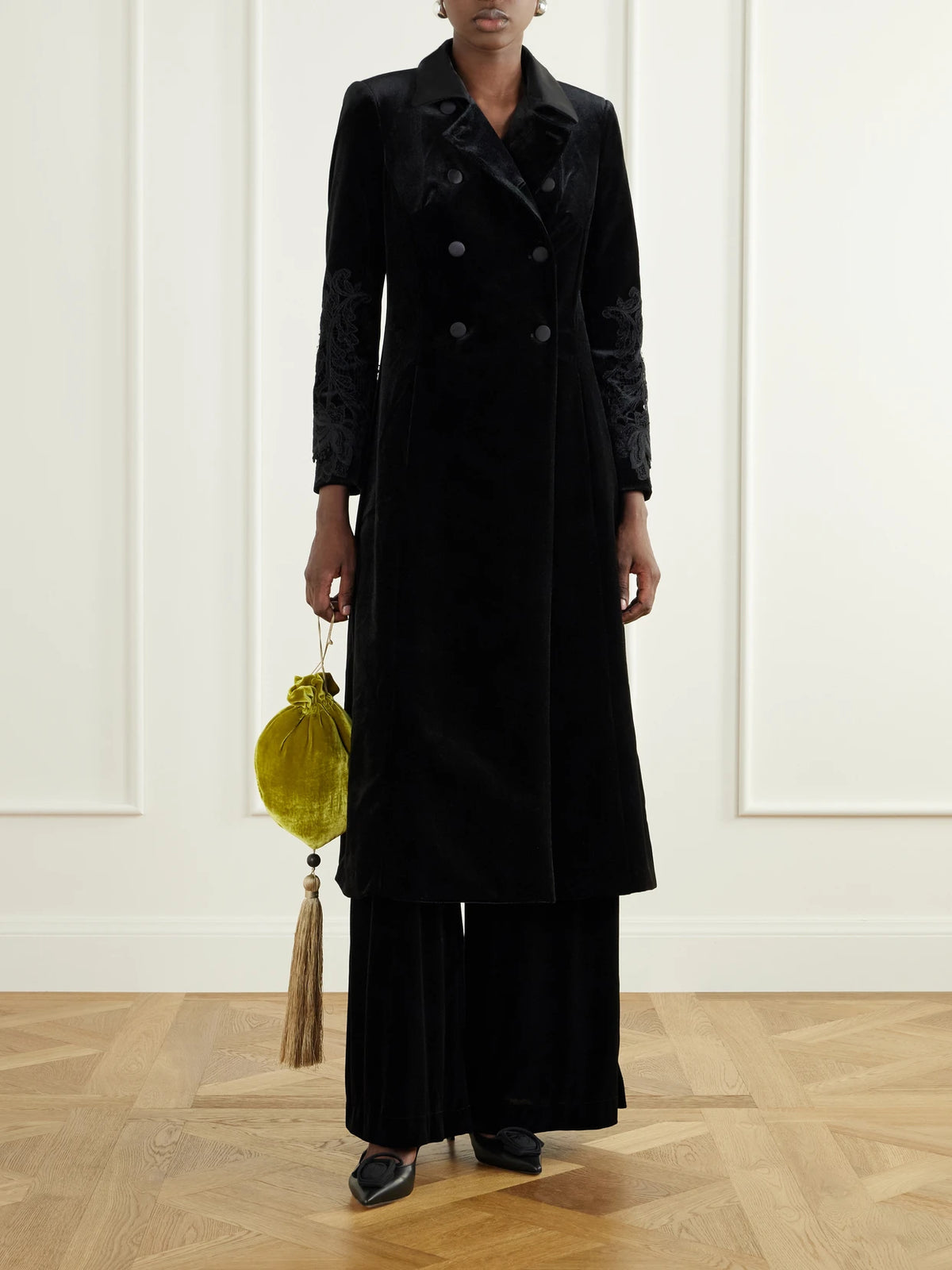 Image of Coats & Jackets. Product name - Rose Embroidered Velvet Coat in Black colour by brand - Loretta Caponi