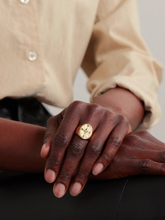 Image of Rings. Product name - Internal Compass 18-karat Gold And Enamel Signet Ring in Multi colour by brand - FoundRae