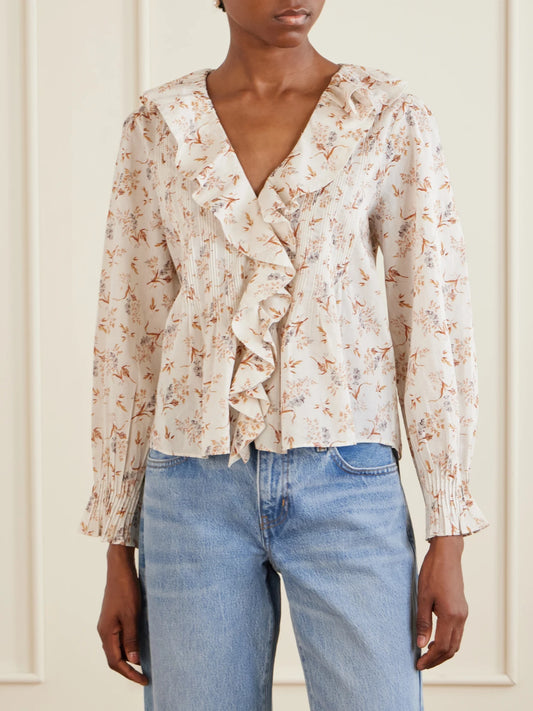 DÔEN Hardy Floral-print Shirred Silk Shirt
