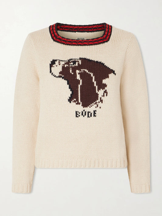 Image of a model wearing Outerwear. Product name - Spaniel Intarsia Pima Cotton And Merino Wool-blend Sweater in Cream colour by brand - BODE