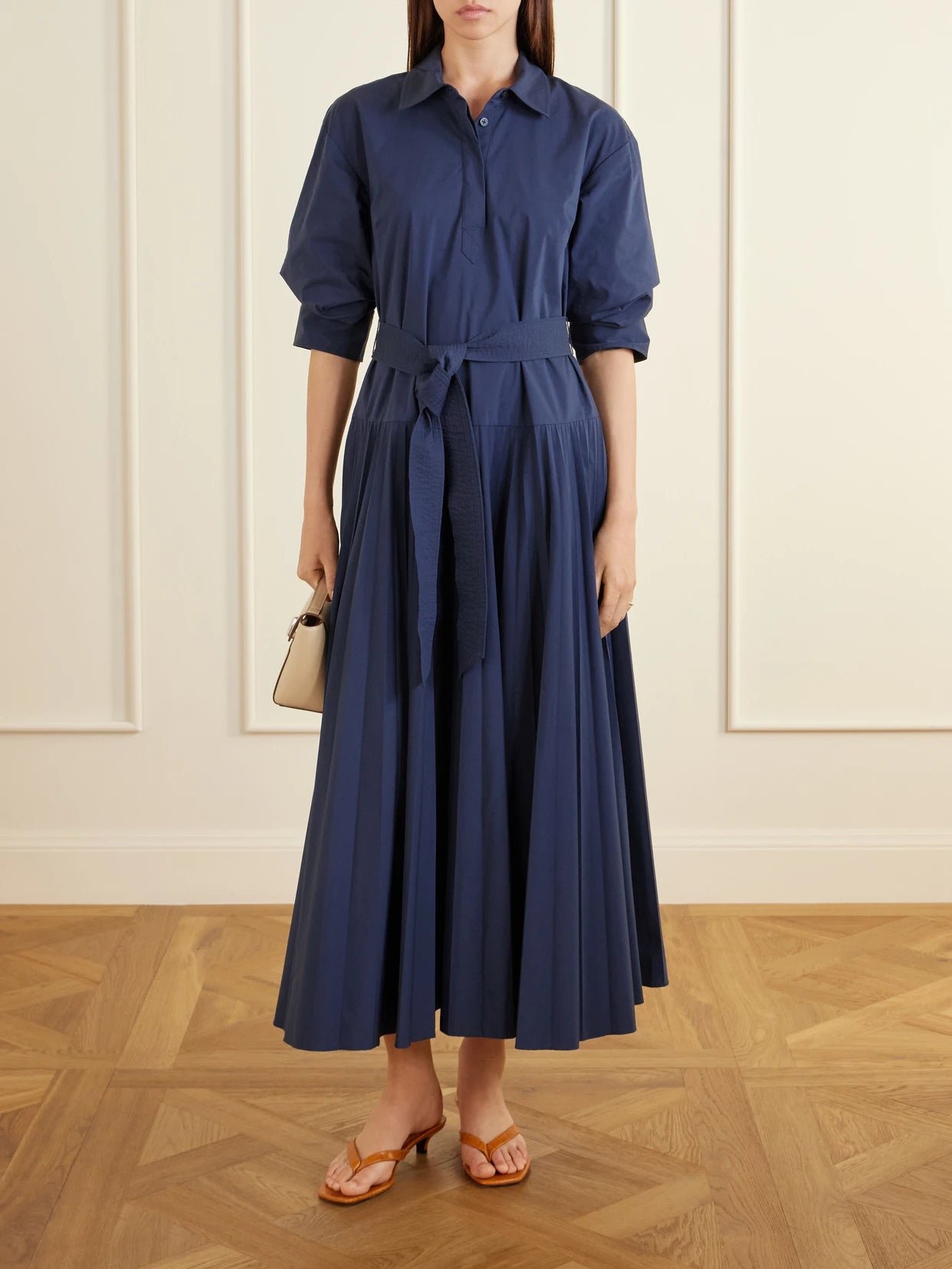 Image of Dresses. Product name - Arlo Cotton Belted Maxi Dress in Navy colour by brand - SIMKHAI