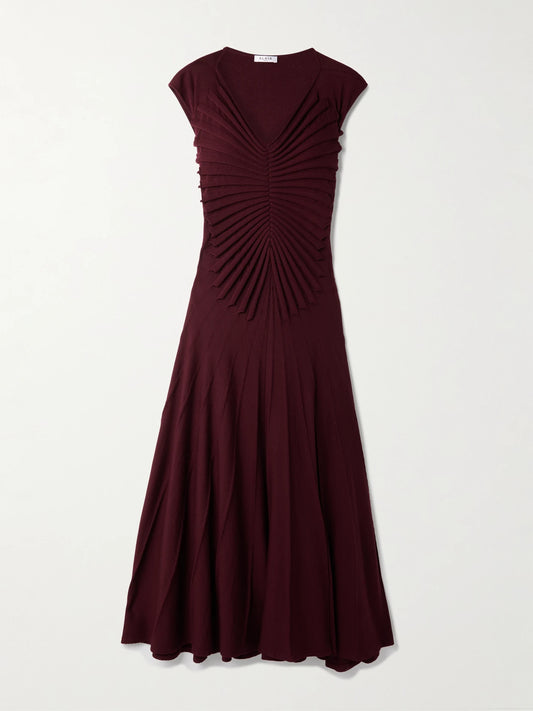 Image of Dresses. Product name - Pleated Wool Midi Dress in Burgundy colour by brand - Alaïa