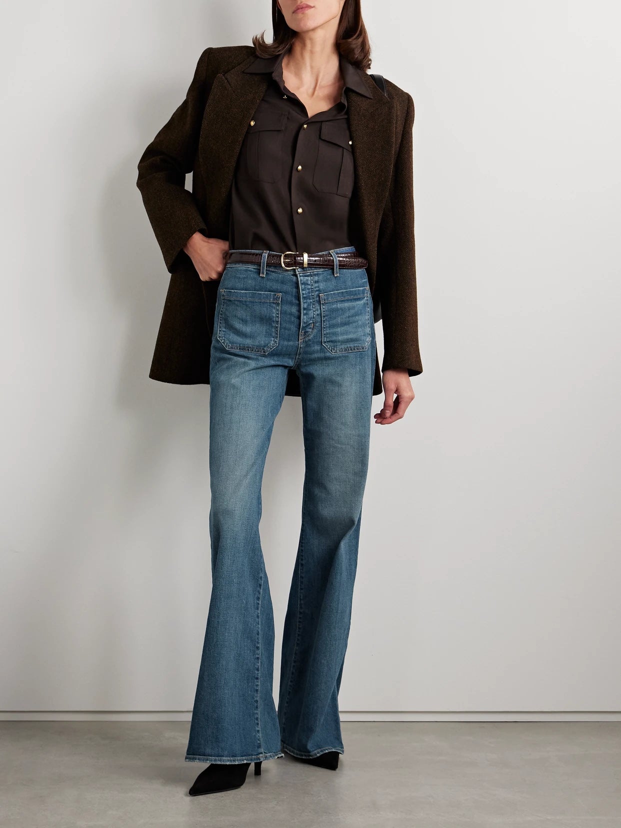 Image of Jeans. Product name - Florence Distressed High-rise Flared Jeans in Mid denim colour by brand - Nili Lotan