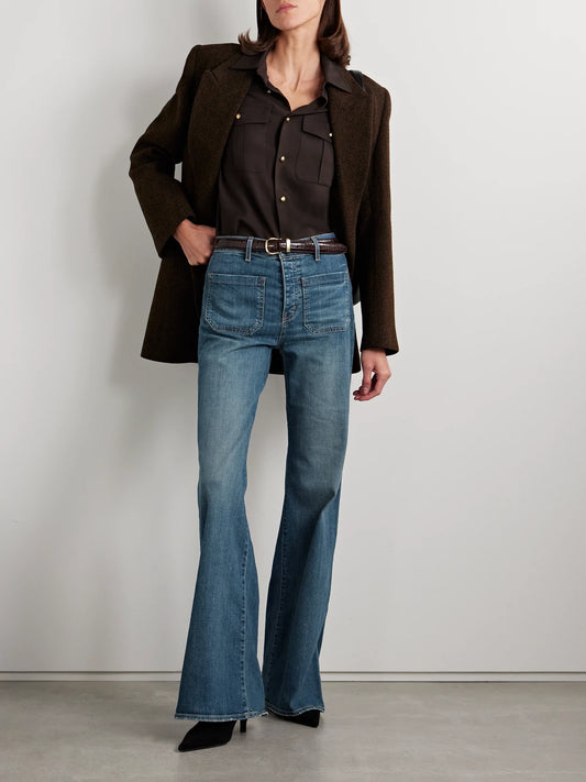 Image of Jeans. Product name - Florence Distressed High-rise Flared Jeans in Mid denim colour by brand - Nili Lotan