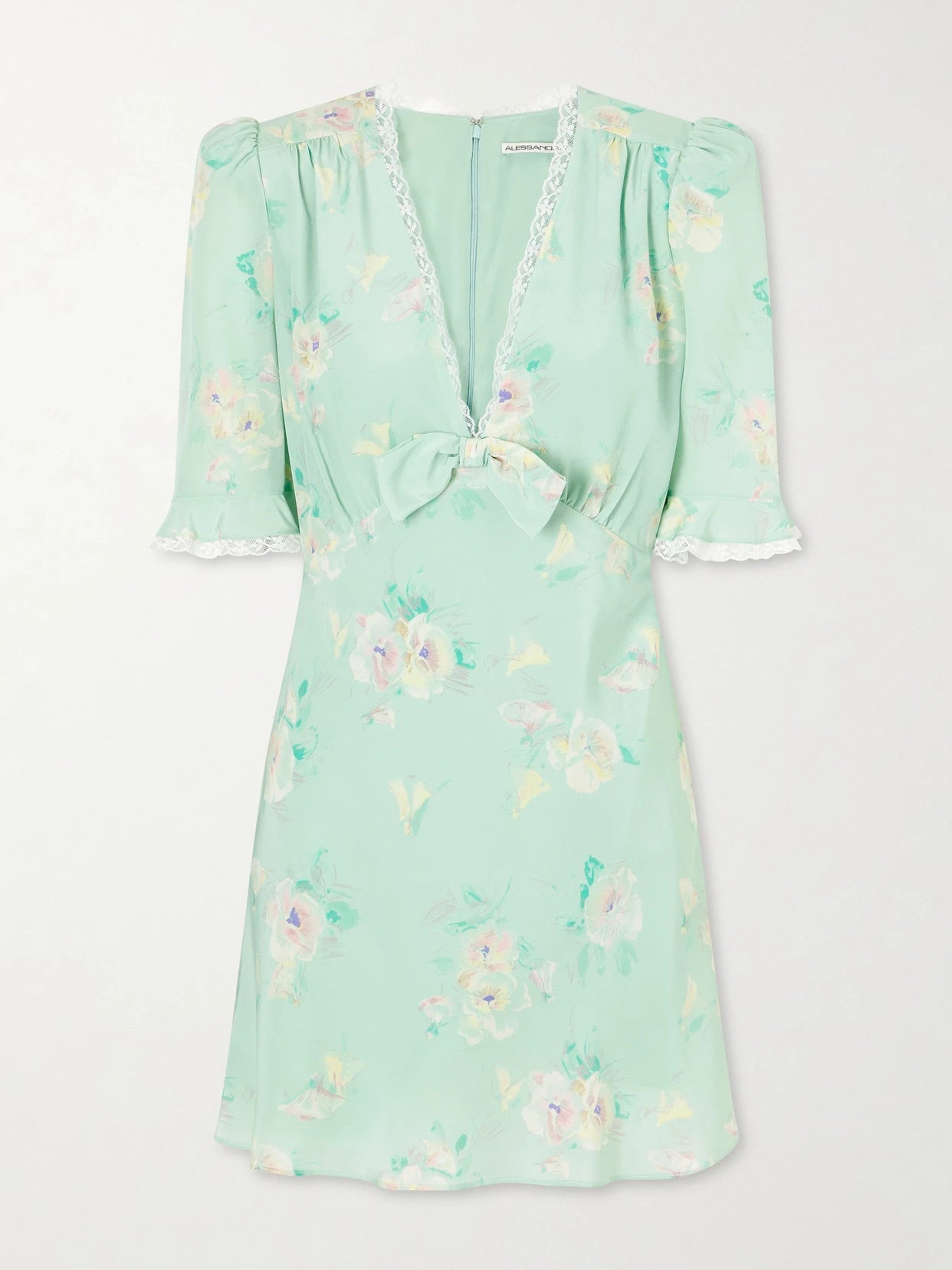 Floral-print Lace-trimmed Bow-embellished Silk Mini Dress