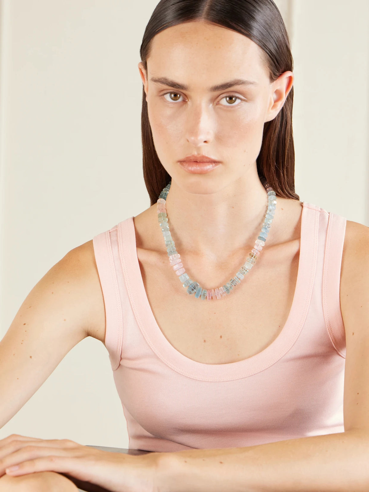 Image of Necklaces. Product name - 14-karat Yellow Gold Aquamarine Beaded Necklace in Pink colour by brand - JIA JIA