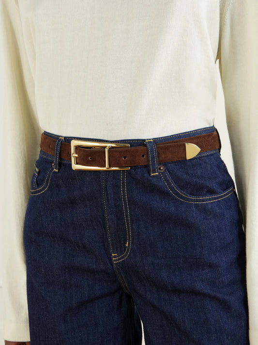 Image of Belts. Product name - Mini Juergen Suede Belt in Chocolate colour by brand - Déhanche