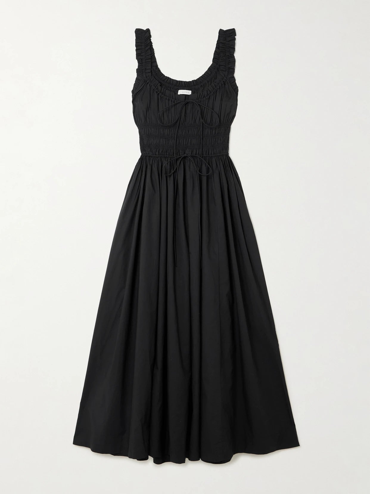Image of Dresses. Product name - Emmaretta Tie-detailed Shirred Organic Cotton-voile Midi Dress in Black colour by brand - DÔEN