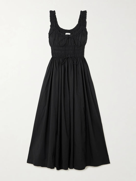 Image of Dresses. Product name - Emmaretta Tie-detailed Shirred Organic Cotton-voile Midi Dress in Black colour by brand - DÔEN