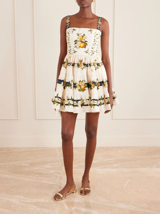 Image of Dresses. Product name - Lima Floral-printed Cotton Mini Dress in Cream colour by brand - Agua by Agua Bendita