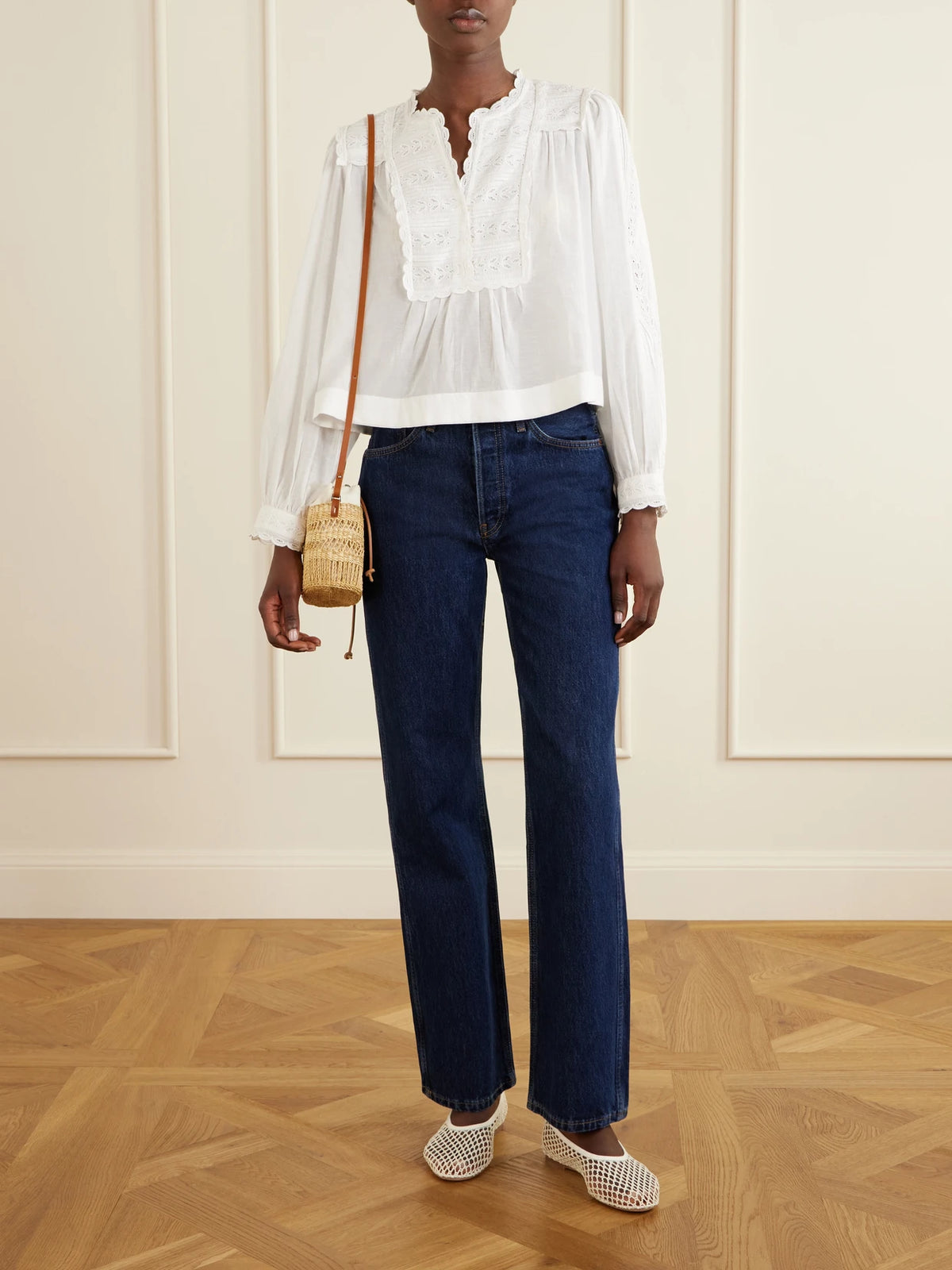 Minette Leather-trimmed Raffia Shoulder Bag