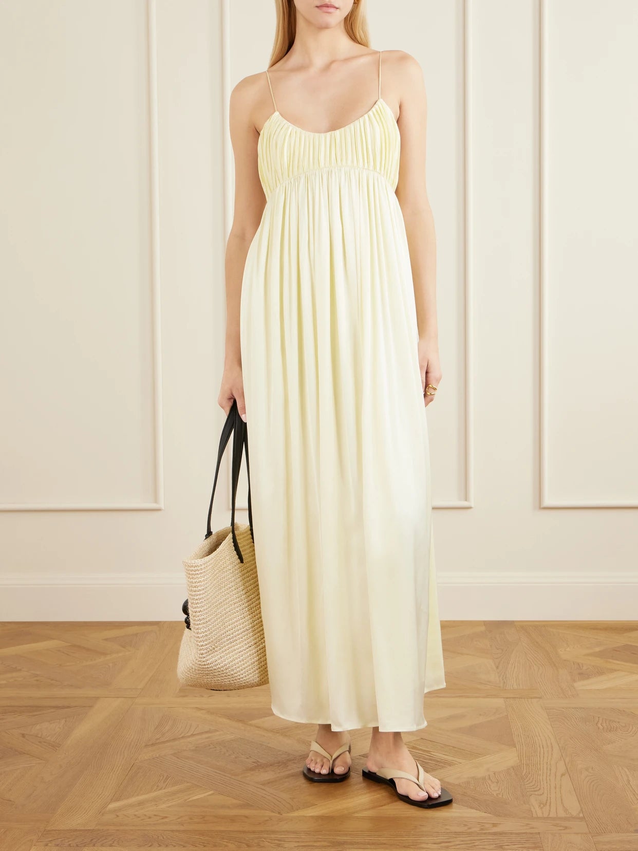 Image of Dresses. Product name - Katrine Satin Midi Dress in Pastel yellow colour by brand - TOVE