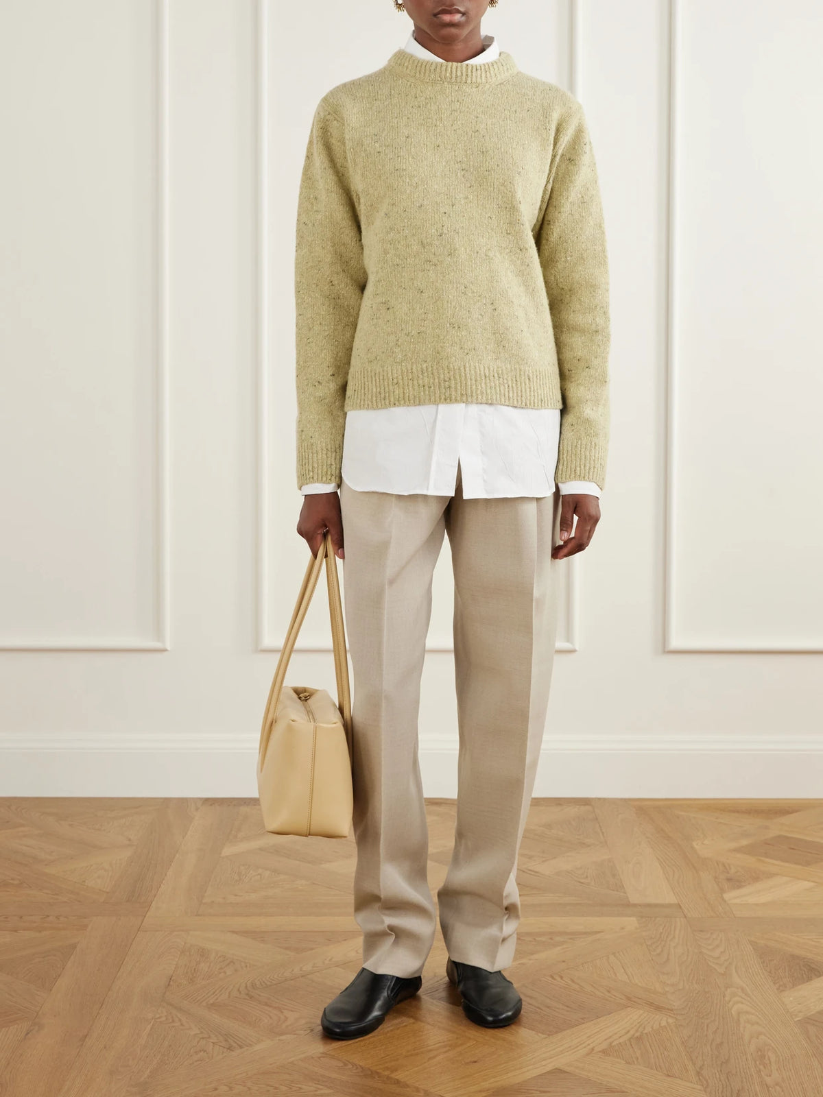 Image of a model wearing Outerwear. Product name - Wool-blend Sweater in Green colour by brand - RÓHE
