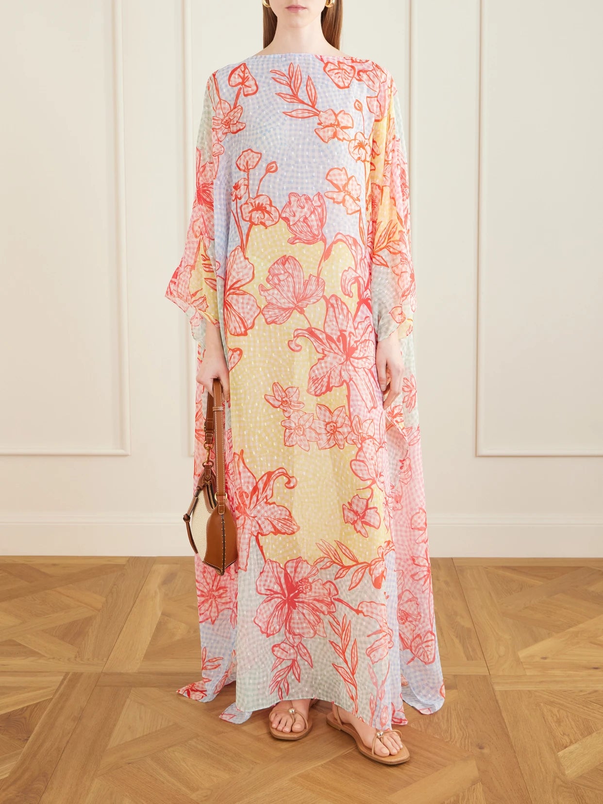 Image of Dresses. Product name - Printed Fil Coupé Organza Kaftan in Multi colour by brand - Mary Katrantzou