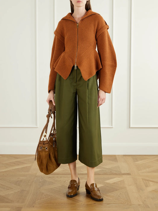 Image of a model wearing Outerwear. Product name - Valiant Leather-trimmed Ribbed Wool-blend Cardigan in Brown colour by brand - Zimmermann