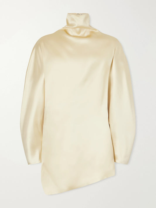 KHAITE Harlow Draped Asymmetrical Satin Turtleneck Top