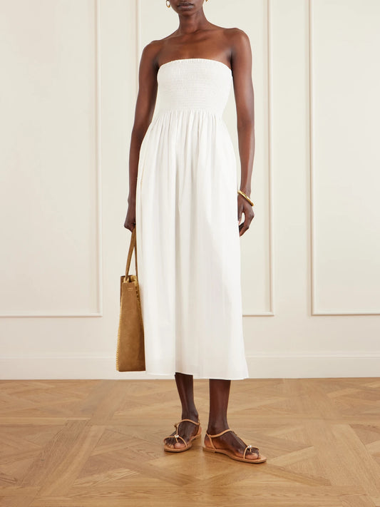 Image of Dresses. Product name - Jamie Strapless Shirred Cotton-poplin Midi Dress in White colour by brand - Faithfull