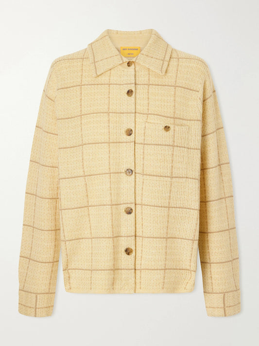 Image of a model wearing Tops. Product name - Dylan Checked Knitted Cashmere And Linen-blend Shirt in Yellow colour by brand - Guest In Residence