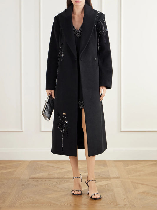 Image of Coats & Jackets. Product name - Gianni Bead-embellished Double-breasted Wool-blend Felt Coat in Black colour by brand - SIMKHAI