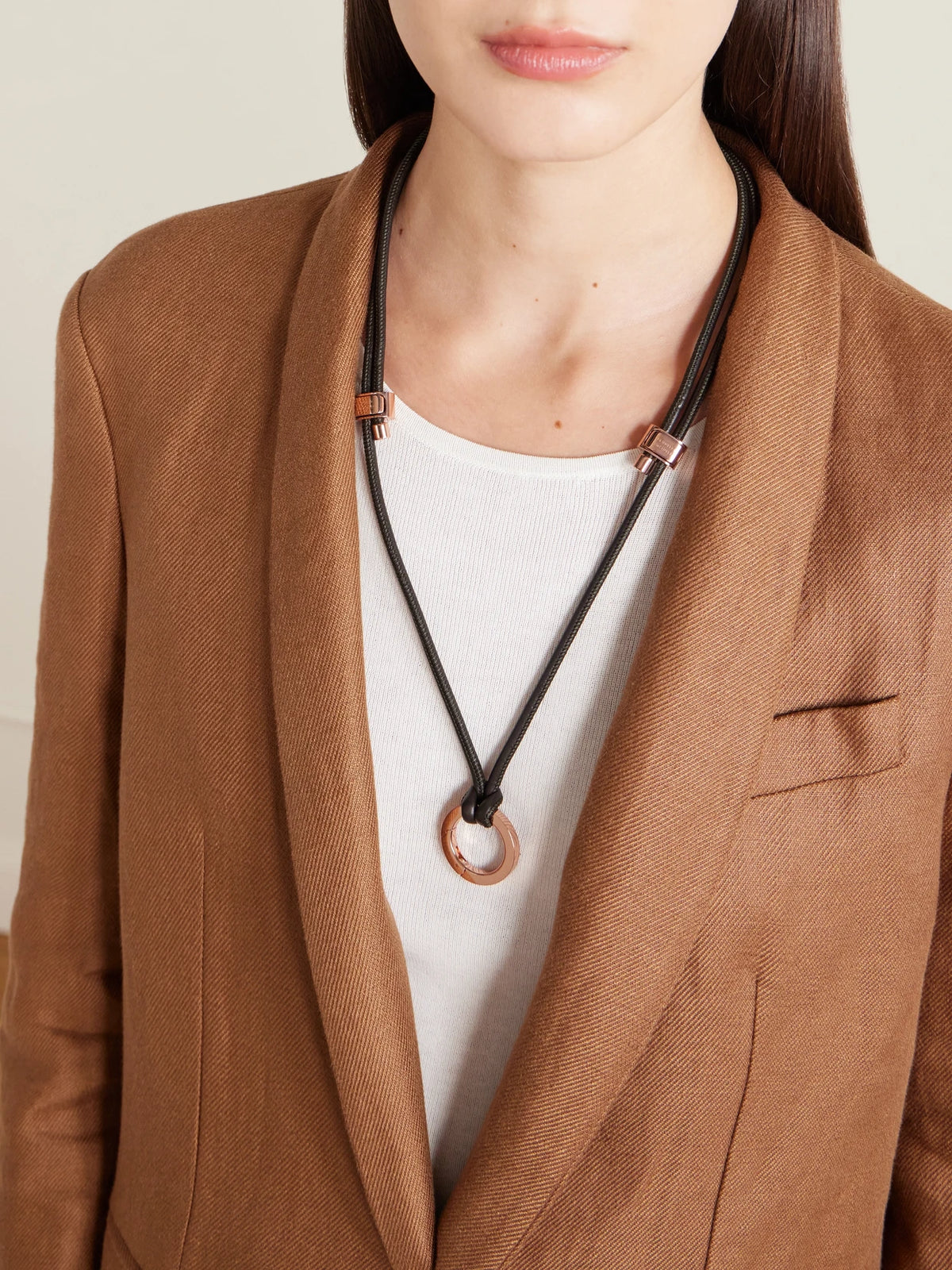 Image of Necklaces. Product name - Leather And Rose Gold-tone Necklace in Dark brown colour by brand - Brunello Cucinelli