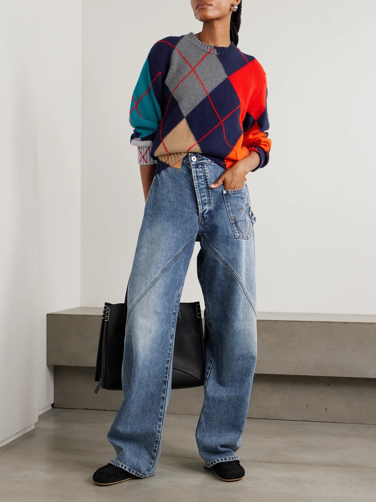 Image of a model wearing Outerwear. Product name - + Pringle Argyle Wool Sweater in Multi colour by brand - JW Anderson