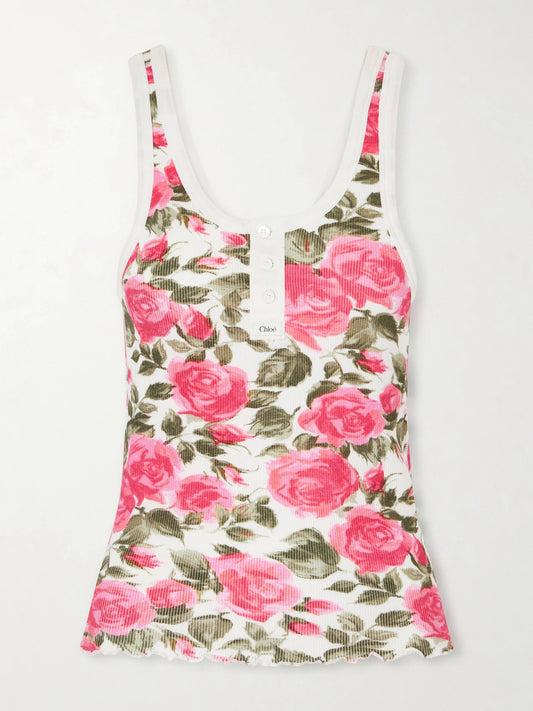 Image of a model wearing Tops. Product name - Floral-print Ribbed Stretch-cotton Jersey Tank in Pink colour by brand - Chloé