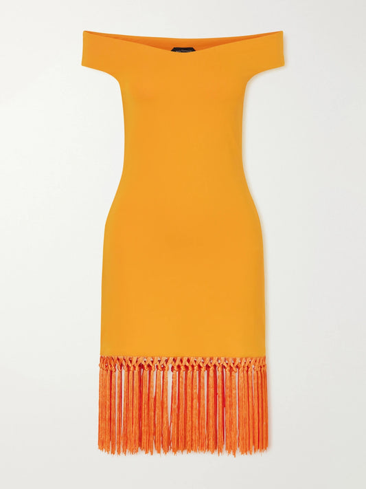 Romy Off-the-shoulder Fringed Jersey Mini Dress